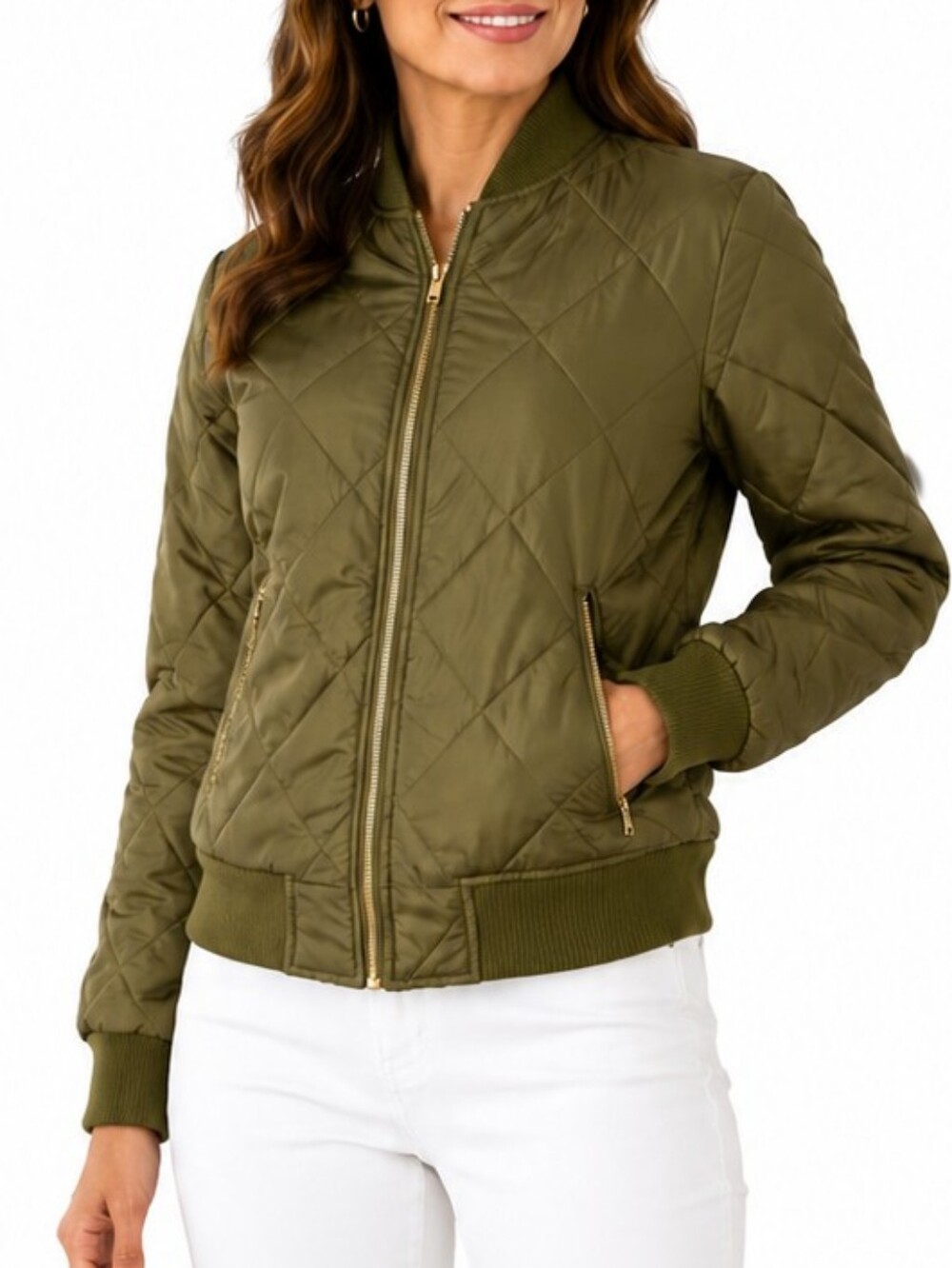 👚 Say What? XS Olive Green Quilted Bomber Jacket Lightweight Zip Up Coat